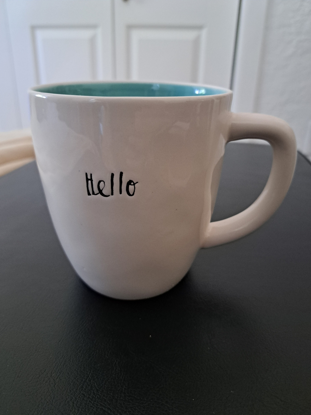 Rae Dunn Artisan Collection "Hello" White Cream Mug with Teal Interior